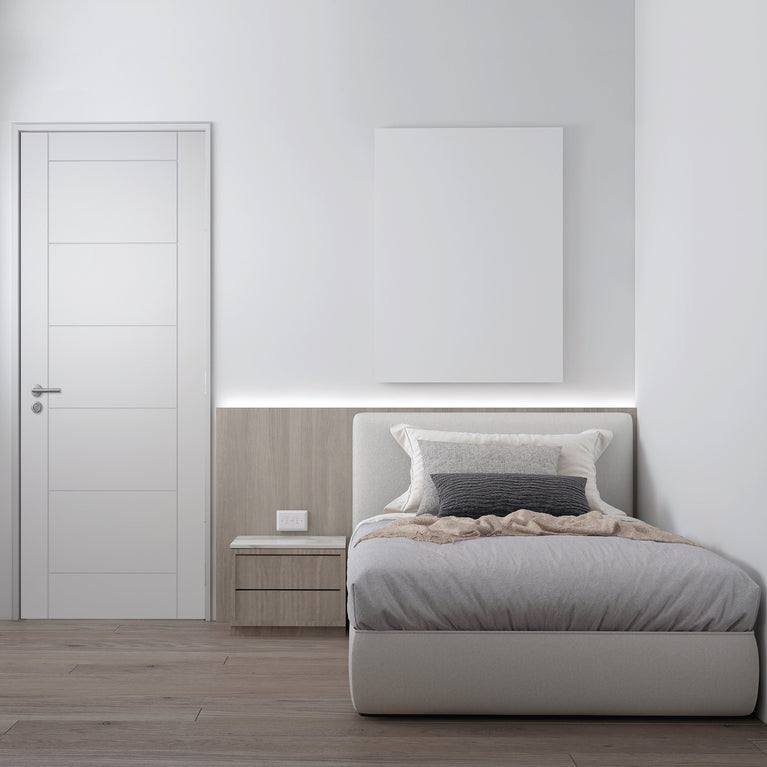 Modern bedroom with a white ladder door, bed, nightstand, and wall art.