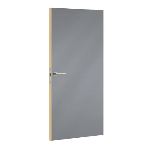 Grey Laminate door with silver handle, angled view on a white background