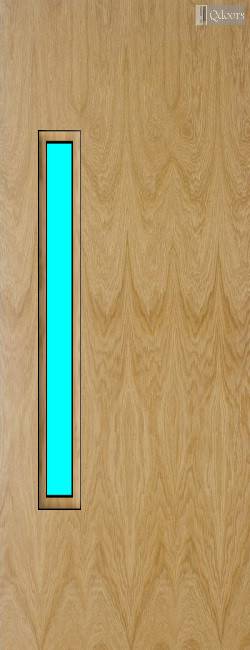 Oak door with vertical vision panel on the left, centered