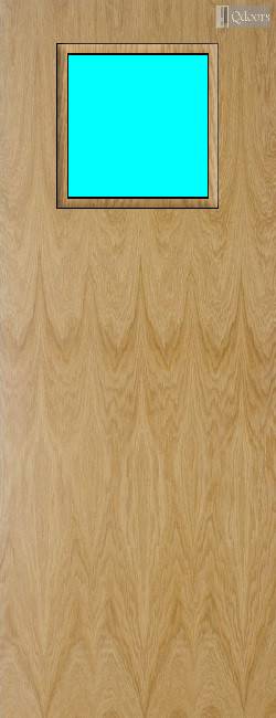 Oak door with a square vision panel on the top half