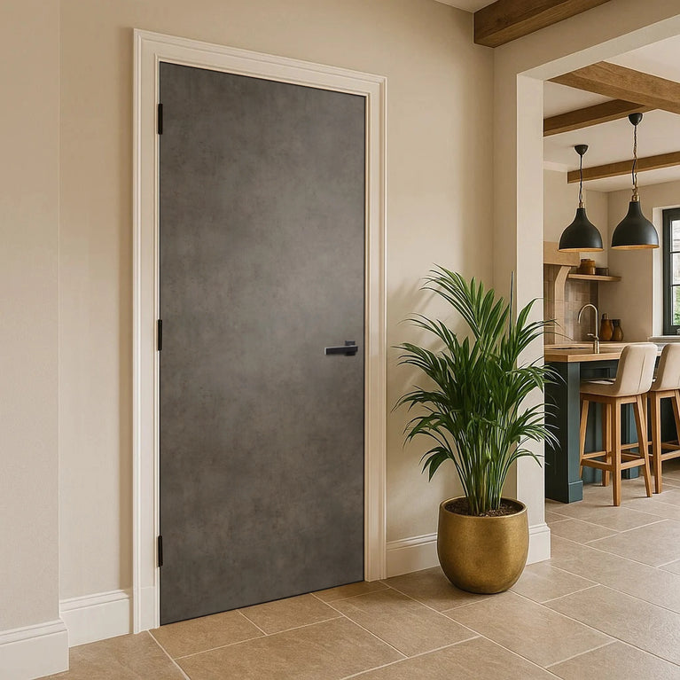 Dark Grey Chicago Concrete Egger laminate door in a modern kitchen interior