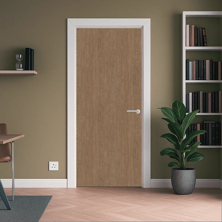 Brown Belmont Oak Egger laminate door in a room with a bookshelf and a floor plant