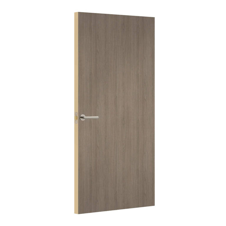Grey Vicenza Oak Egger laminate door, angled view showing edge lippings
