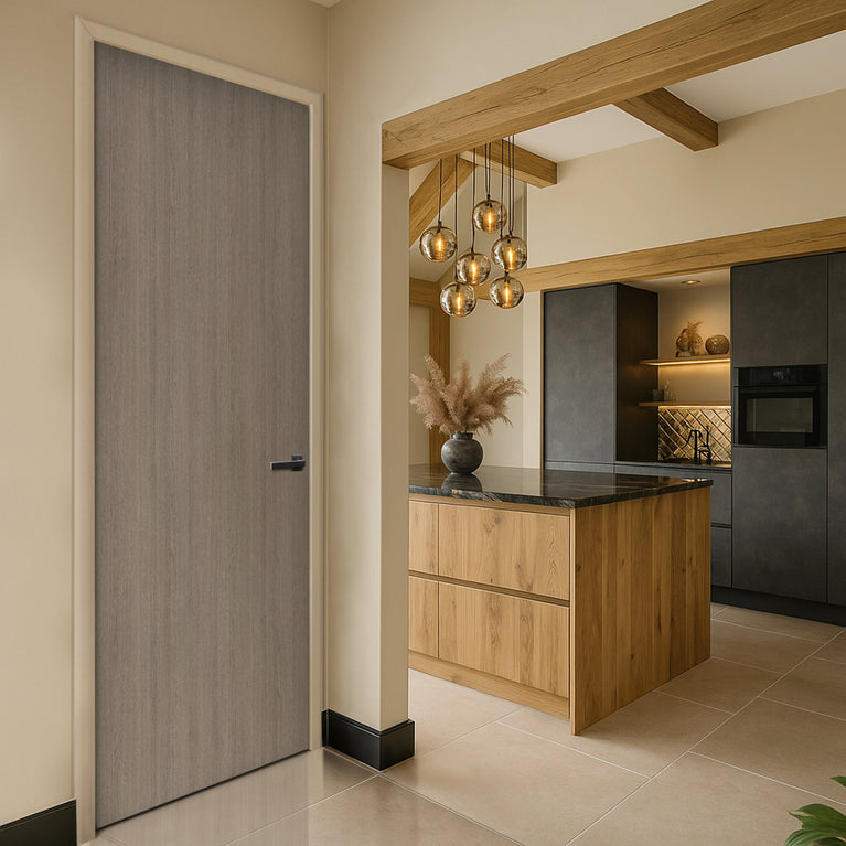 Grey Vicenza Oak Egger laminate door in a modern kitchen interior