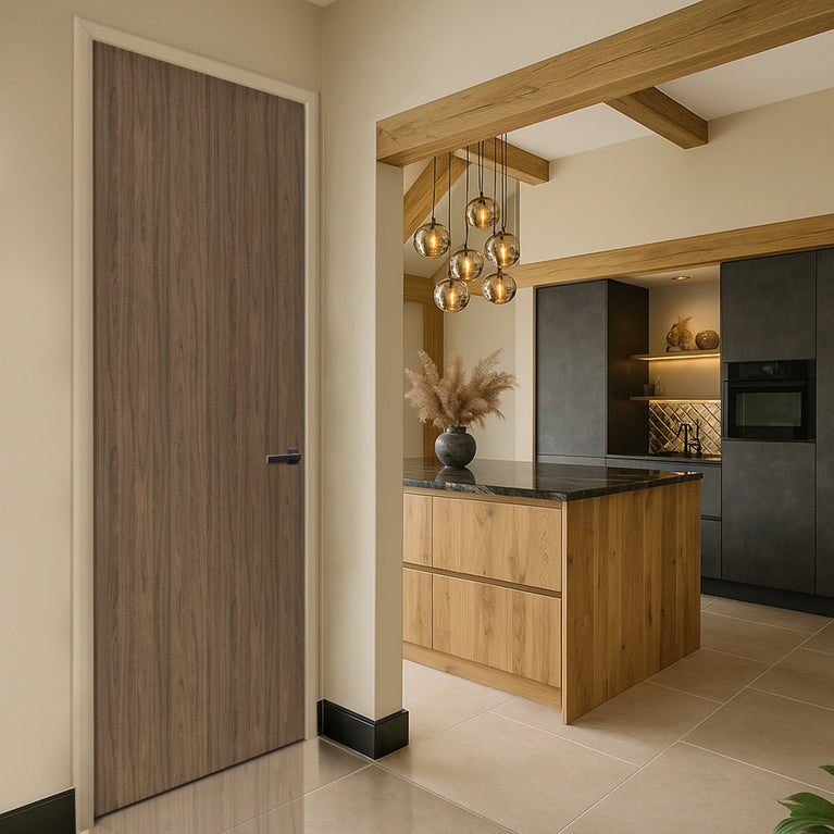 Natural Carini Walnut Egger laminate door in a modern kitchen interior