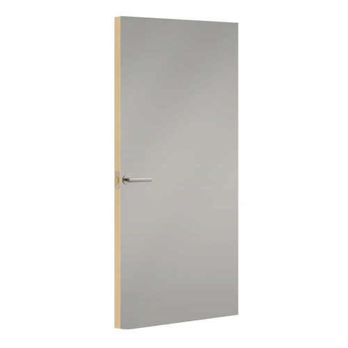 Pearl Grey Egger laminate door, angled view showing edge lippings
