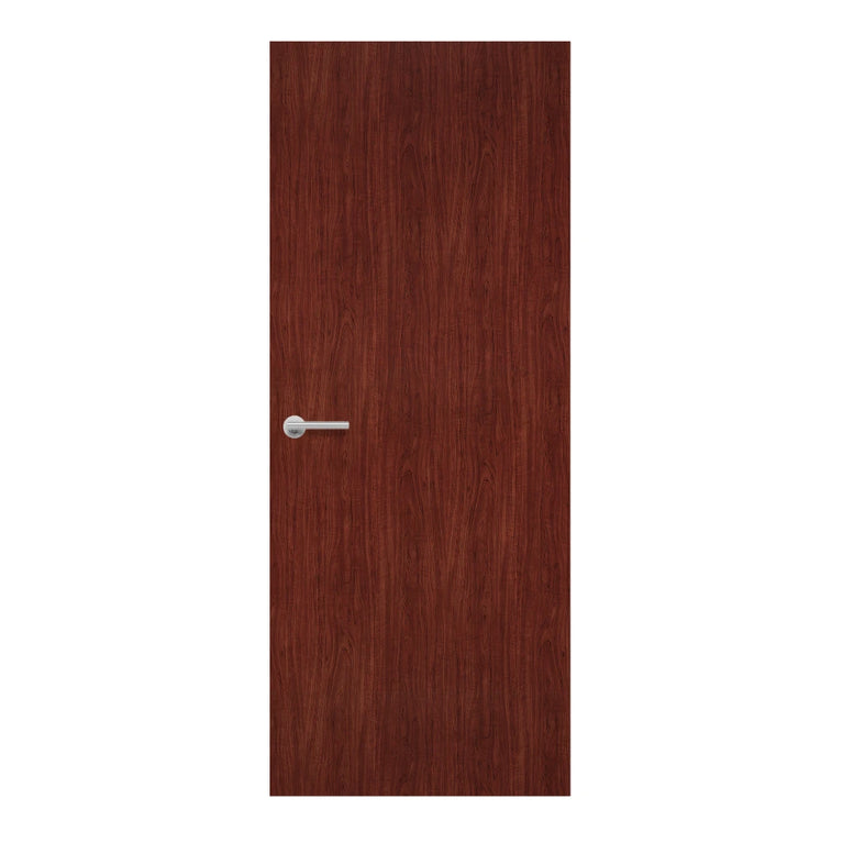 Redwood Formica laminate door in rich reddish-brown woodgrain, front view