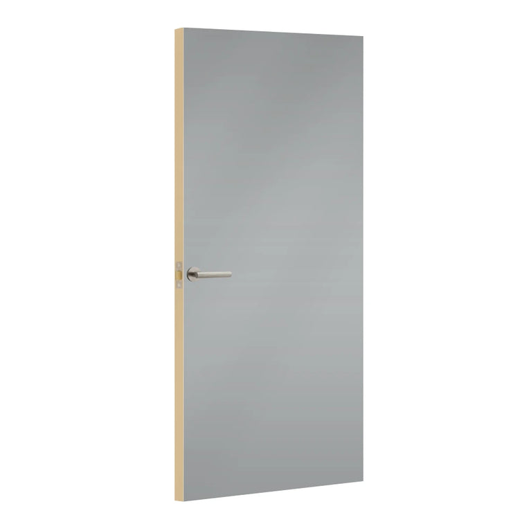 Steel Formica laminate door, angled view with light edge lippings