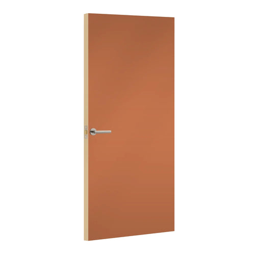 Terracotta Formica laminate door, angled view with light edge lippings