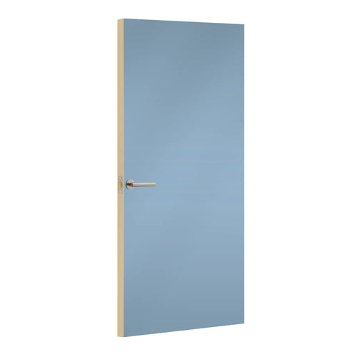 Just Blue Formica laminate door, angled view with light edge lippings