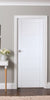 Modern interior design with a white ladder door, console table, chair, and decorative elements against a gray wall.