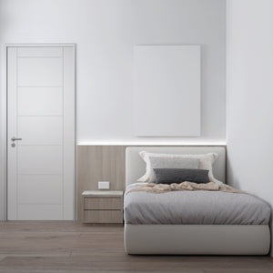 Modern bedroom with a white ladder door, bed, nightstand, and wall art.