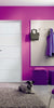 Modern interior with purple walls, a white door, and a gray rug.