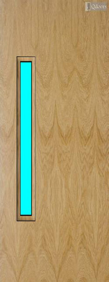 Oak door with vertical vision panel on the left, centered