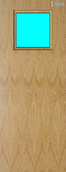 Oak door with a square vision panel on the top half