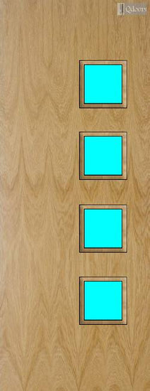 Oak door with four square vision panels on the right