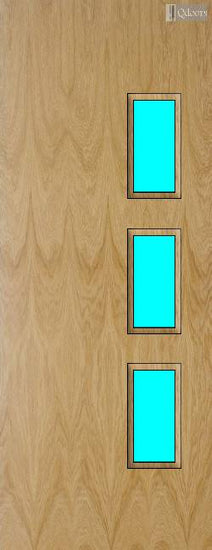 Oak door with four square vision panels on the right