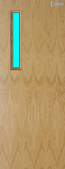 Oak door with a vertical vision panel on the top left side