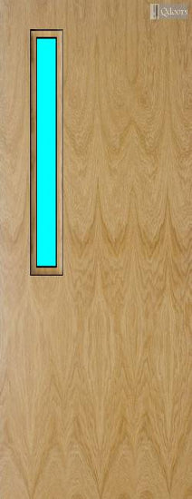 Oak door with a vertical vision panel on the top left side