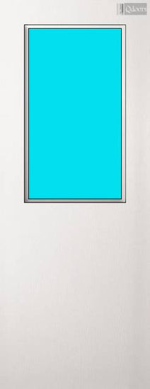 White door with a rectangular window on the top half