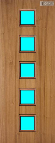 Sapele door with five square vision panels in the center
