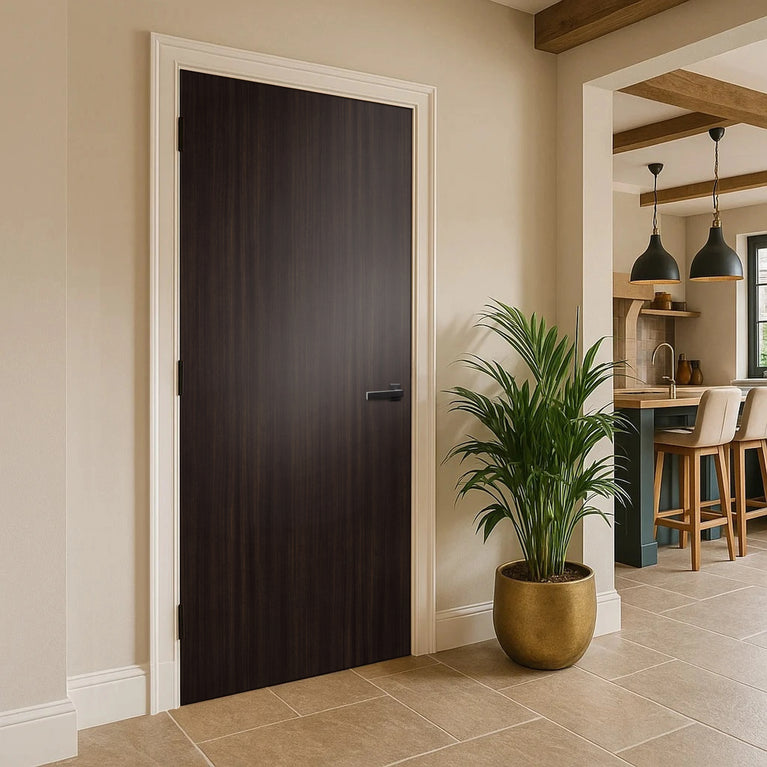 Dark Brown Eucalyptus Egger laminate door in a modern kitchen interior