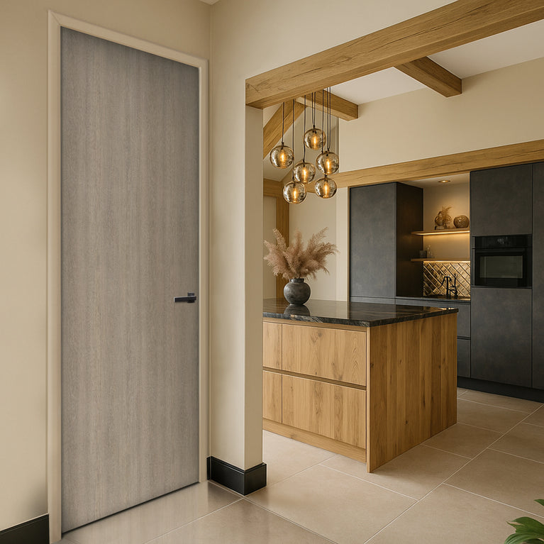 Beige Grey Lorenzo Oak Egger laminate door in a modern kitchen interior