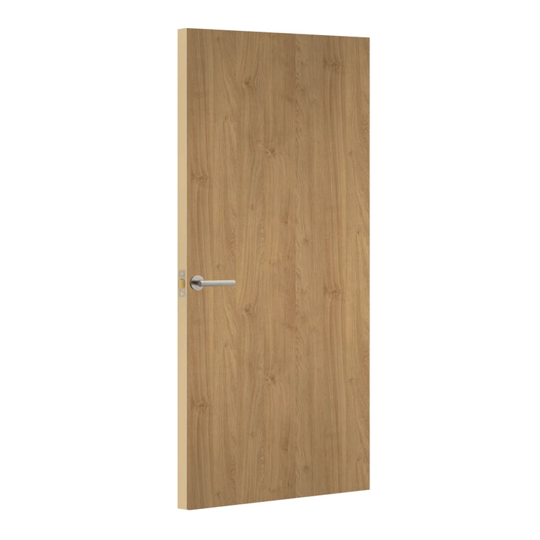 Oiled Kendal Oak Egger laminate door, angled view showing edge lippings 