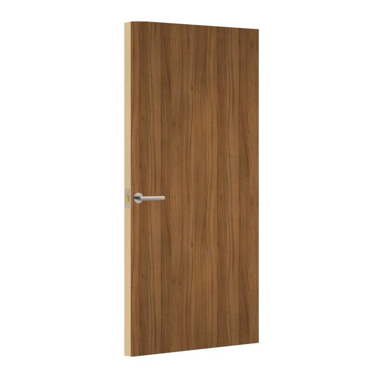 Natural Dijon Walnut Egger laminate door, angled view showing edge lippings 