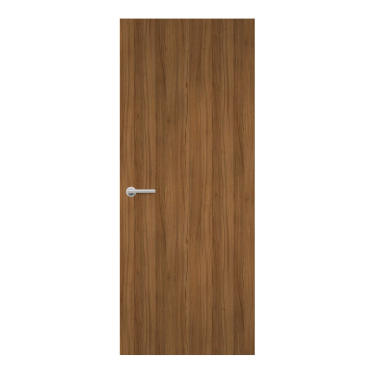 Natural Dijon Walnut Egger laminate door with pronounced dark grain lines, front view