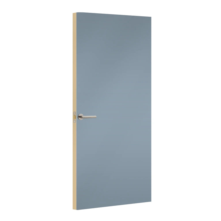 Denim Blue Egger laminate door, angled view showing edge lippings 