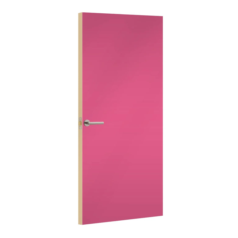 Juicy Pink Formica laminate door, angled view with light edge lippings