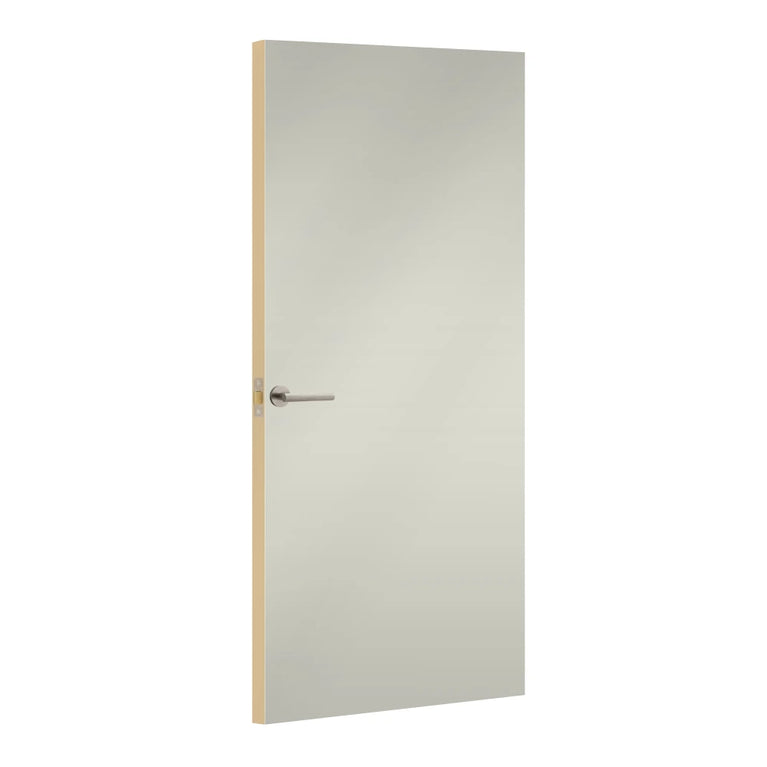Silver Formica laminate door, angled view with light edge lippings
