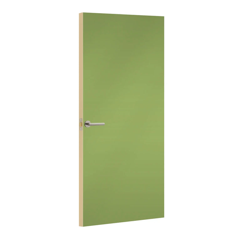 Leaf Green Formica laminate door, angled view with light edge lippings