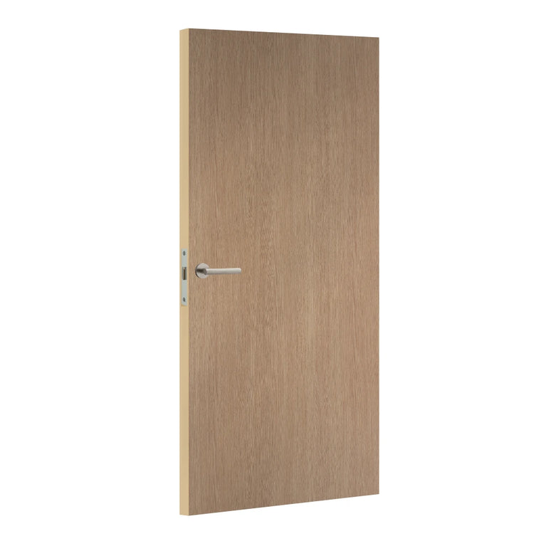 Wooden laminate door with a silver handle on a white background