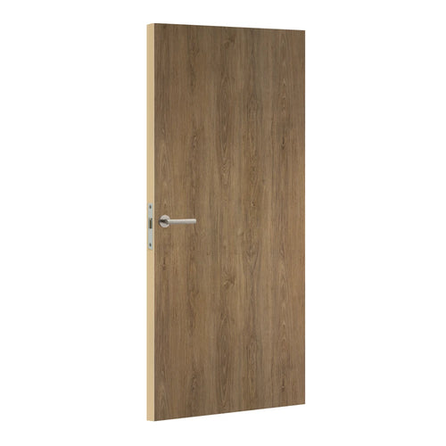Wooden door with a silver handle on a white background