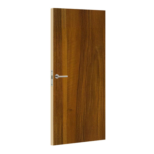 Wooden door with a metallic handle on a white background