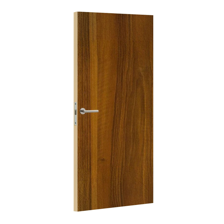 Wooden door with a metallic handle on a white background