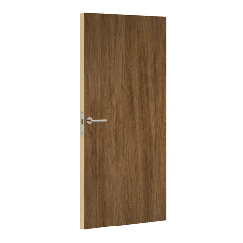 Wooden door with a silver handle on a white background