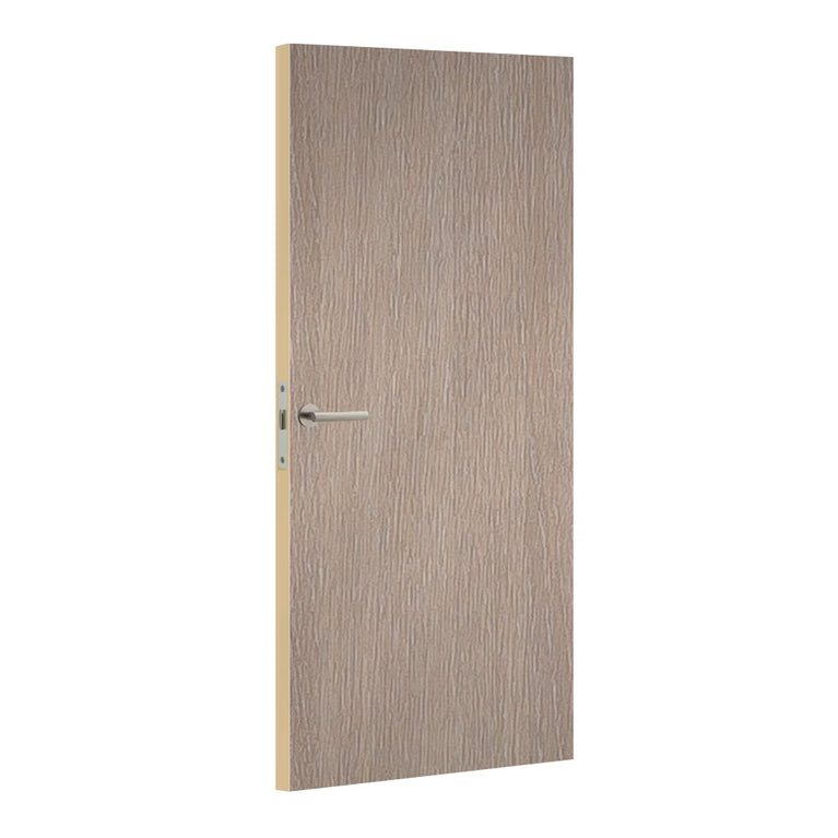 Wooden door with a metallic handle on a white background
