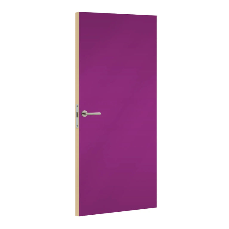 Purple door with a silver handle on a white background